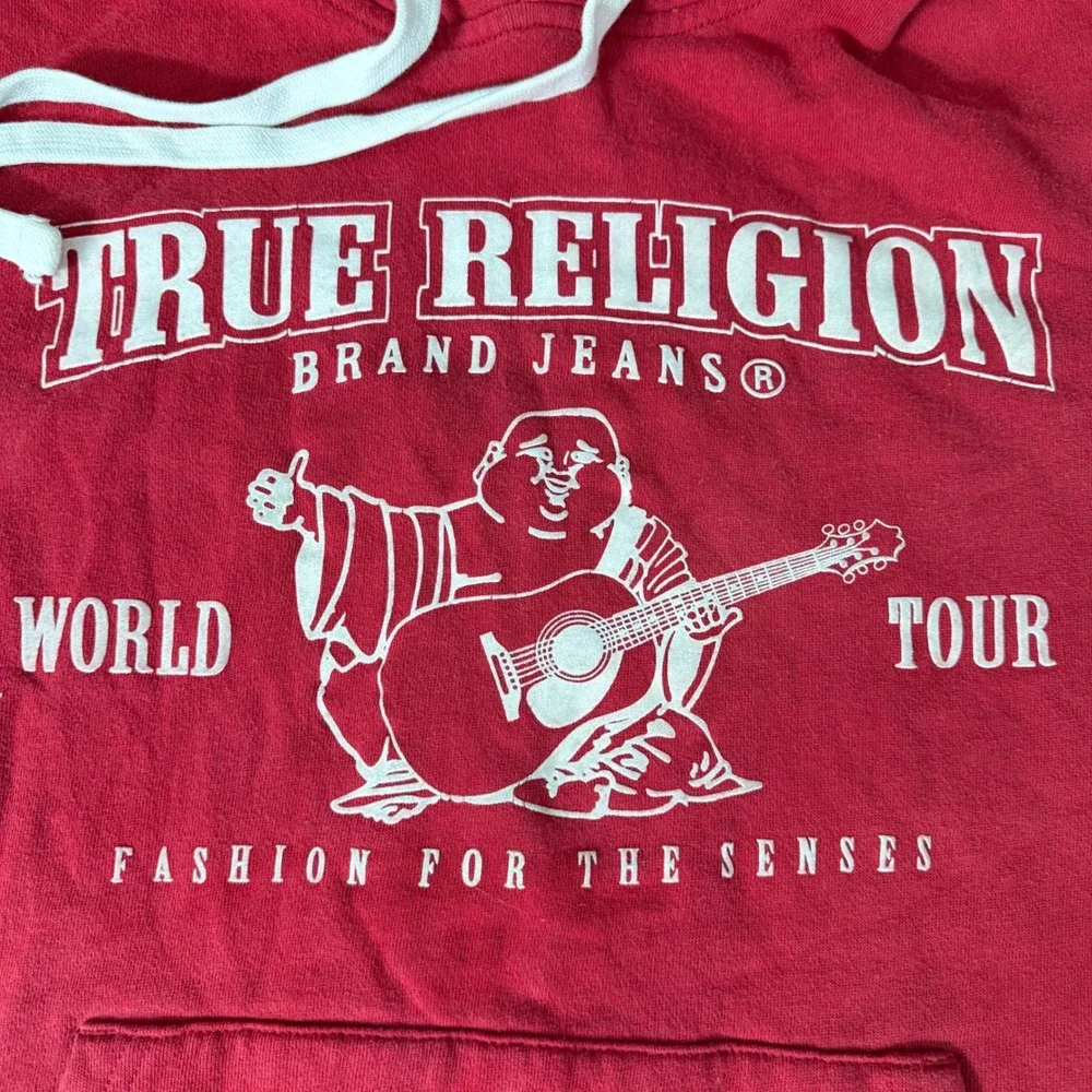 True Religion Mens World Tour Buddha Hoodie Red Graphic Sweatshirt Small B+